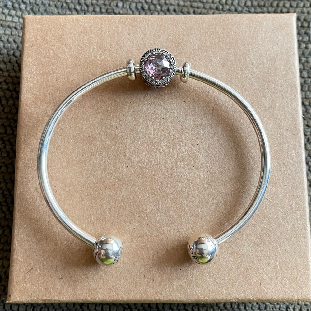 Authentic Pandora Bracelet Bangle Retired Pink Charm & Stoppers